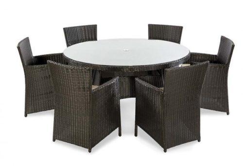 Rattan Round Table and 6 Armchairs Chairs