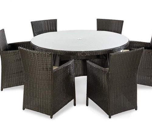 Rattan Round Table and 6 Armchairs Chairs